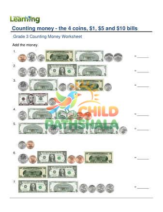 Preview of Counting Money Four Coins Plus One Five Ten Dollar D