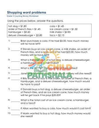Counting Money Shopping Problems D Worksheet for Grade 3