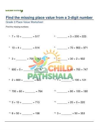 Missing Place Value 3 Digit Number B Worksheet for Grade 3