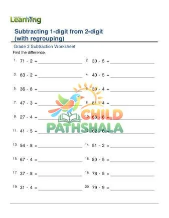 Preview of Subtract 1 Digit From 2 Digit