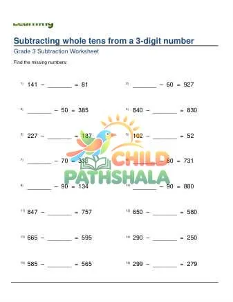 Preview of Subtract Whole Tens From 3 Digits