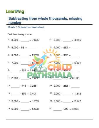 Preview of Subtract Whole Thousands Missing Number F