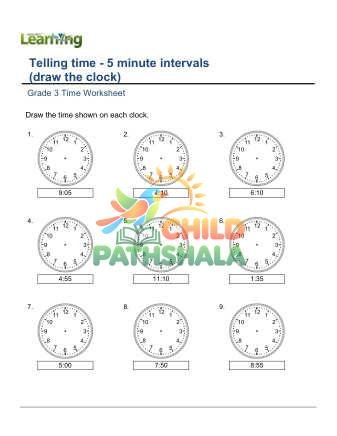 Telling Time 5 Minutes Draw Clock D Worksheet for Grade 3