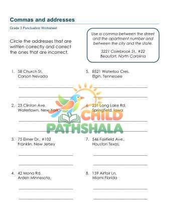 Commas Addresses B Worksheet for Grade 3