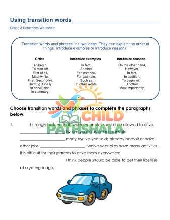 Transition Words Fnj Worksheet for Grade 3