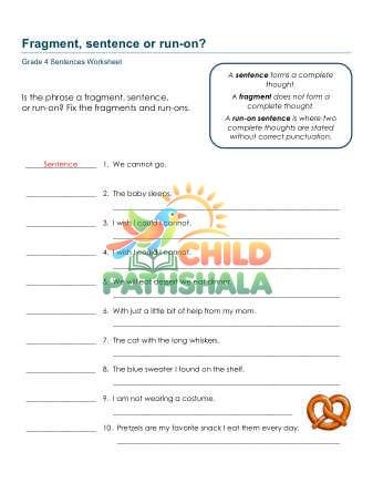 Fragment Full Sentence Run On B Worksheet for Grade 4