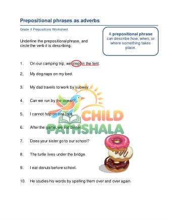 Prepositional Phrases Adverbs B Worksheet for Grade 4