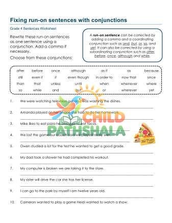 Run On Sentences Conjunctions A Worksheet for Grade 4