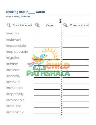 Preview of Spelling List Prefix Ir Words