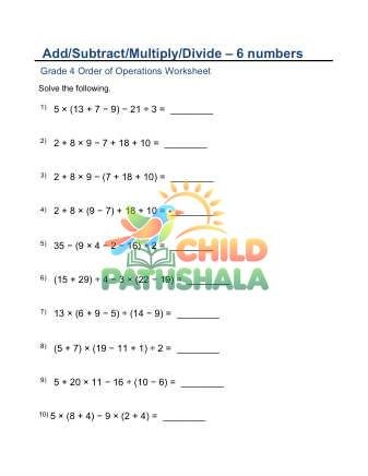Add Subtract Multiply Divide Parenthesis Six Numbers B Worksheet for Grade 4