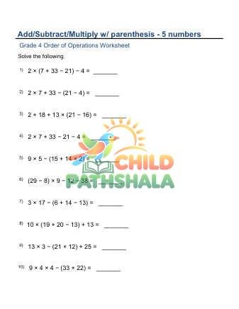 Add Subtract Multiply Parenthesis Five Numbers C Worksheet for Grade 4