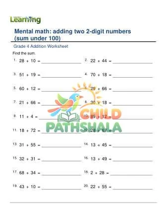 Preview of Adding 2 Digit Mental Sum Under 100