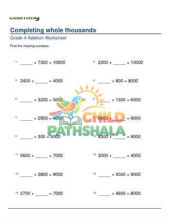 Adding Complete Whole Thousands Missing Addend D Worksheet for Grade 4