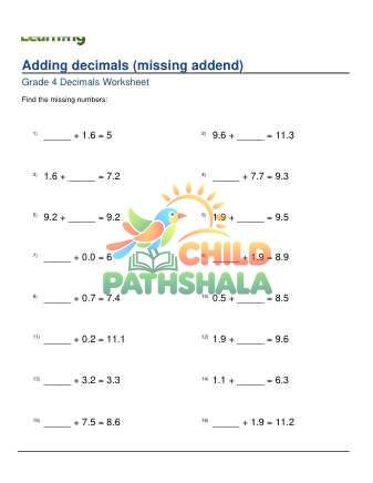 Adding Decimals 1 Digit Missing Addend A Worksheet for Grade 4