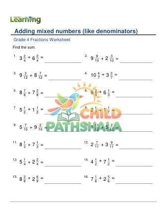 Adding Mixed Numbers Like Denominators E Worksheet for Grade 4