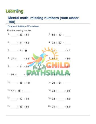 Preview of Addition Missing Number Sum Under 100 A