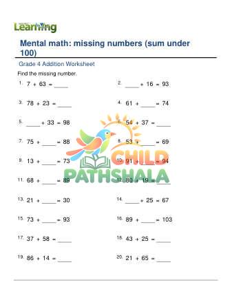 Preview of Addition Missing Number Sum Under 100 E