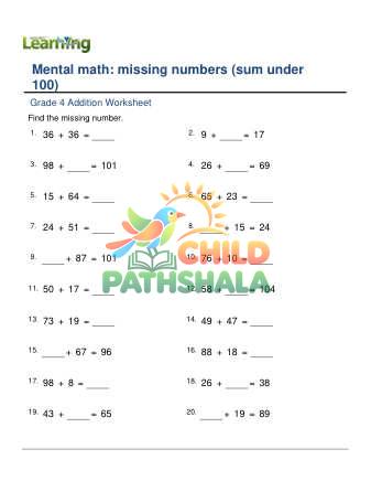 Preview of Addition Missing Number Sum Under 100 F