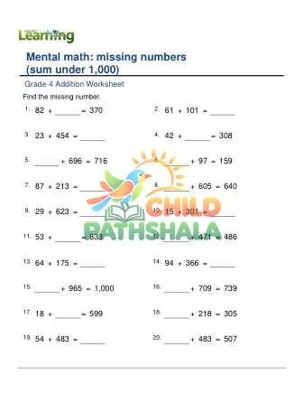 Preview of Addition Missing Number Sum Under 1000
