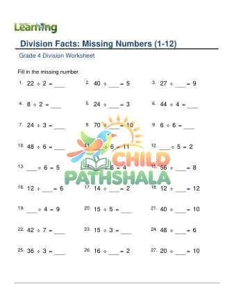 Preview of Division Facts Missing Number 1 12